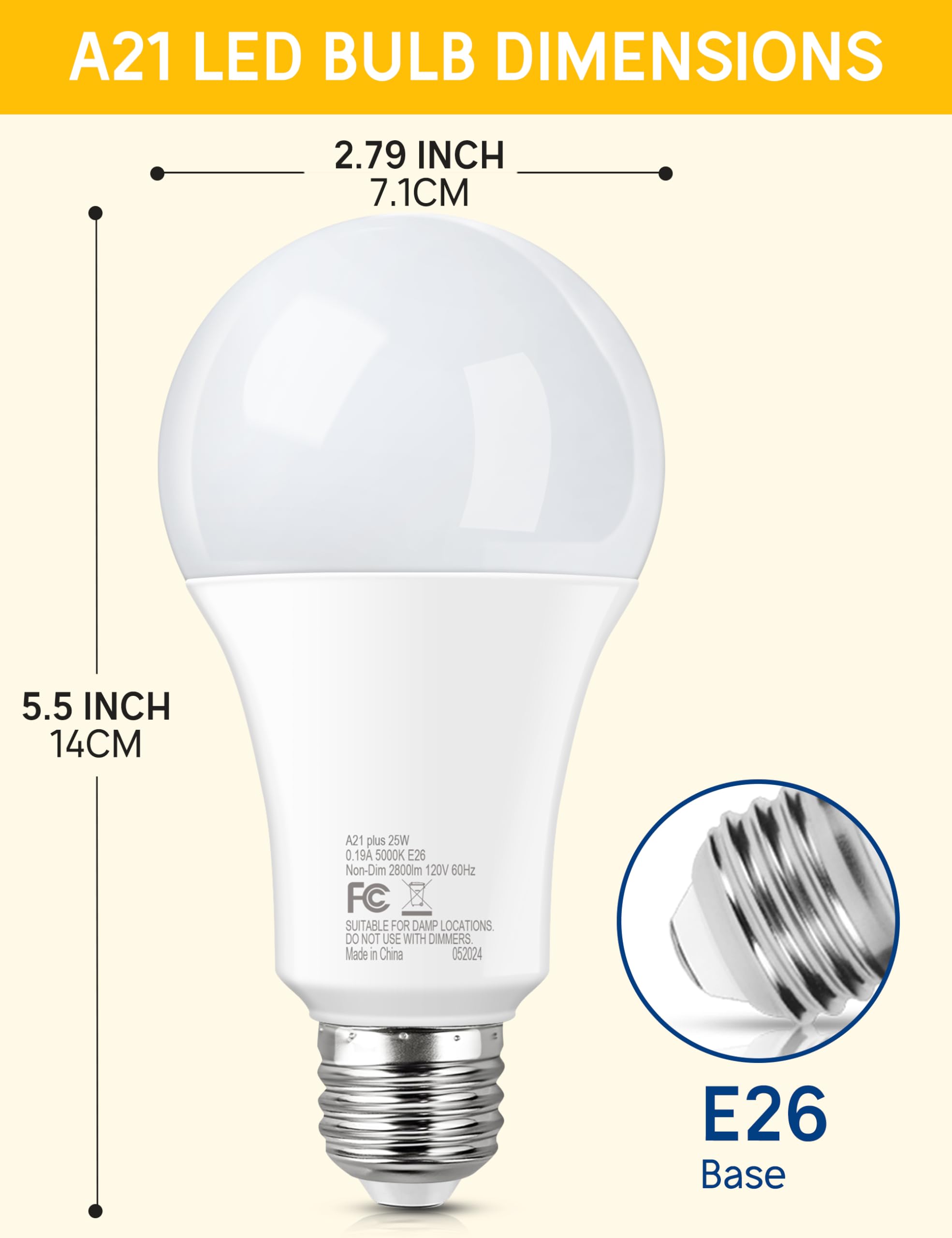 200-250 Watt Equivalent LED Light Bulb, A21 Super Bright LED Light Bulbs 25W, High Output 2800 Lumens, E26 Daylight White 5000K for Home, Office, Store, Garage, Warehouse, Garden, 2-Pack