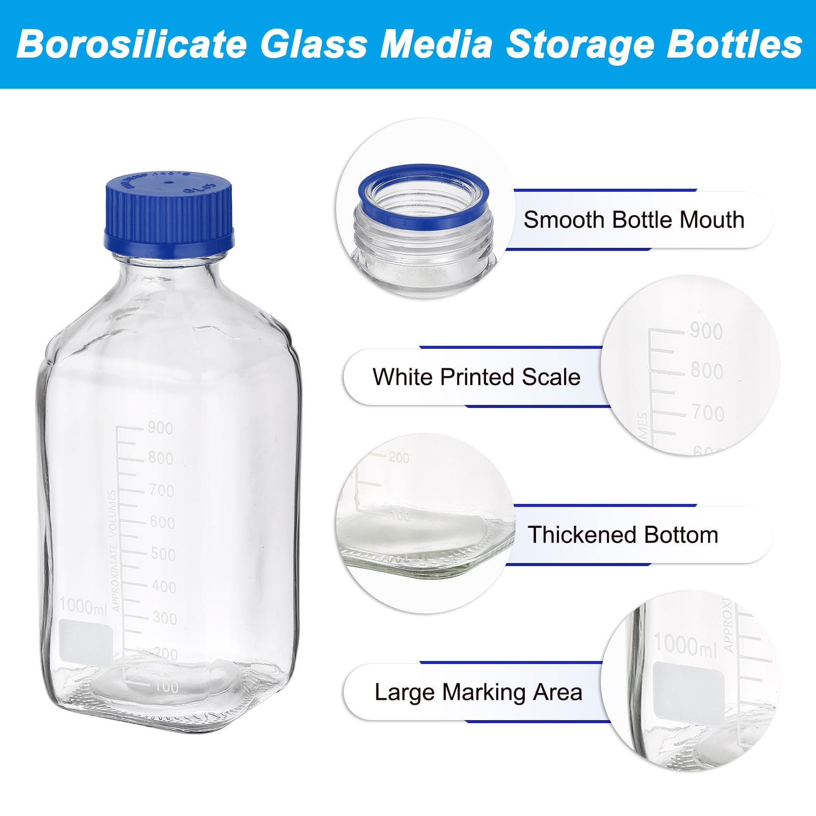 PATIKIL 4 Pack Reagent Media Storage Bottles, 1000ml Borosilicate Glass Square Graduated Round Bottles with GL32 Blue Screw Cap for Lab Water Reagent Liquids, Clear