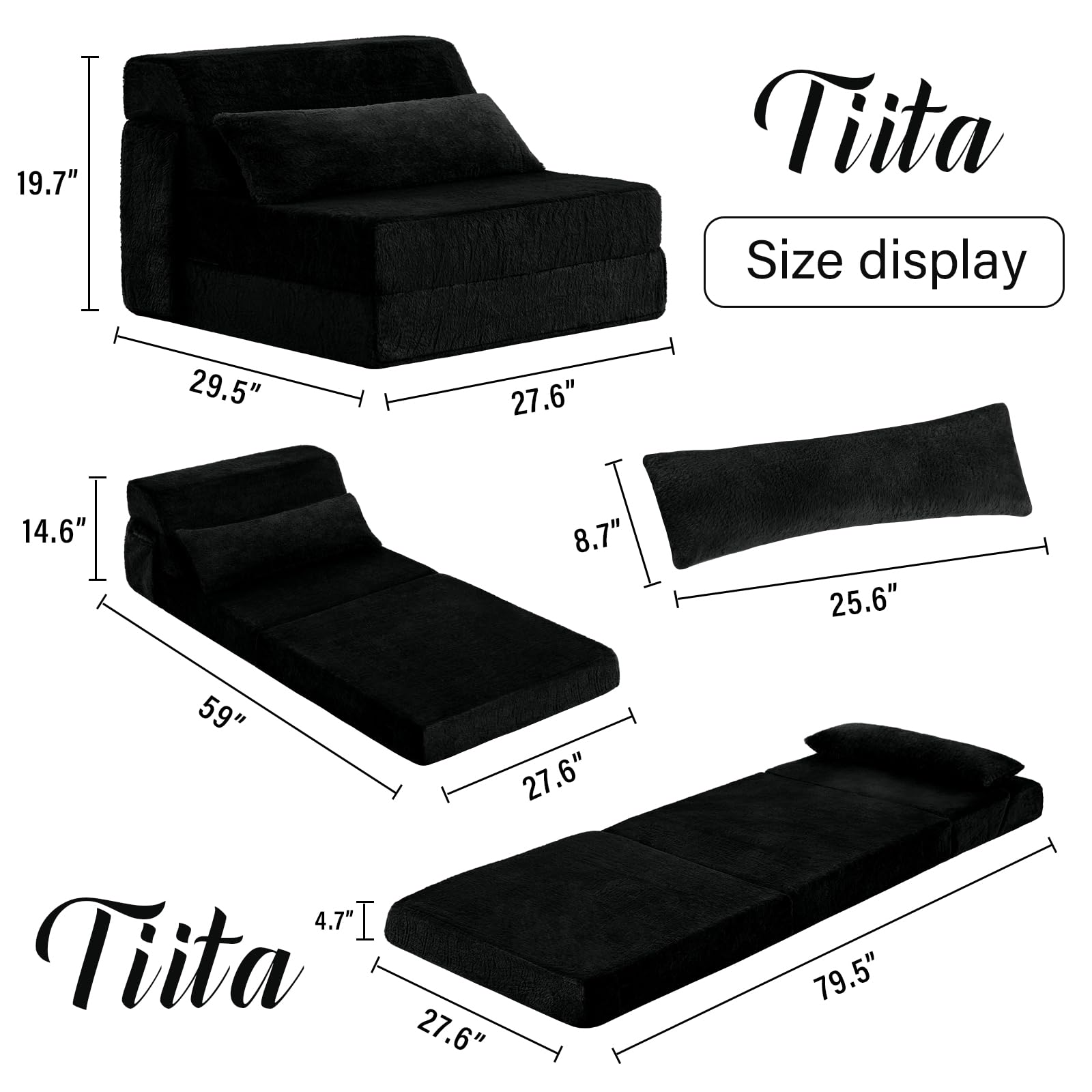 Tiita Folding Sofa Bed with Pillow Single Size Mattress&Plush Fabric with Portable Storage Bag,Floor Lounger Chair Bed for Living Room/Guest Room/Dorm/Apartment/Upstairs Loft/Home Office,Black