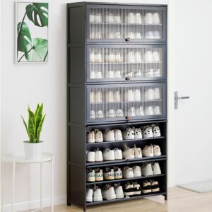 WMIASIN Bamboo Shoe Cabinet, Large Shoe Cabinet with Flip Doors, Shoe Storage Cabinet, Tall Freestanding Shoe Rack Organizer for Entryway, Hallway, Dark Gray…