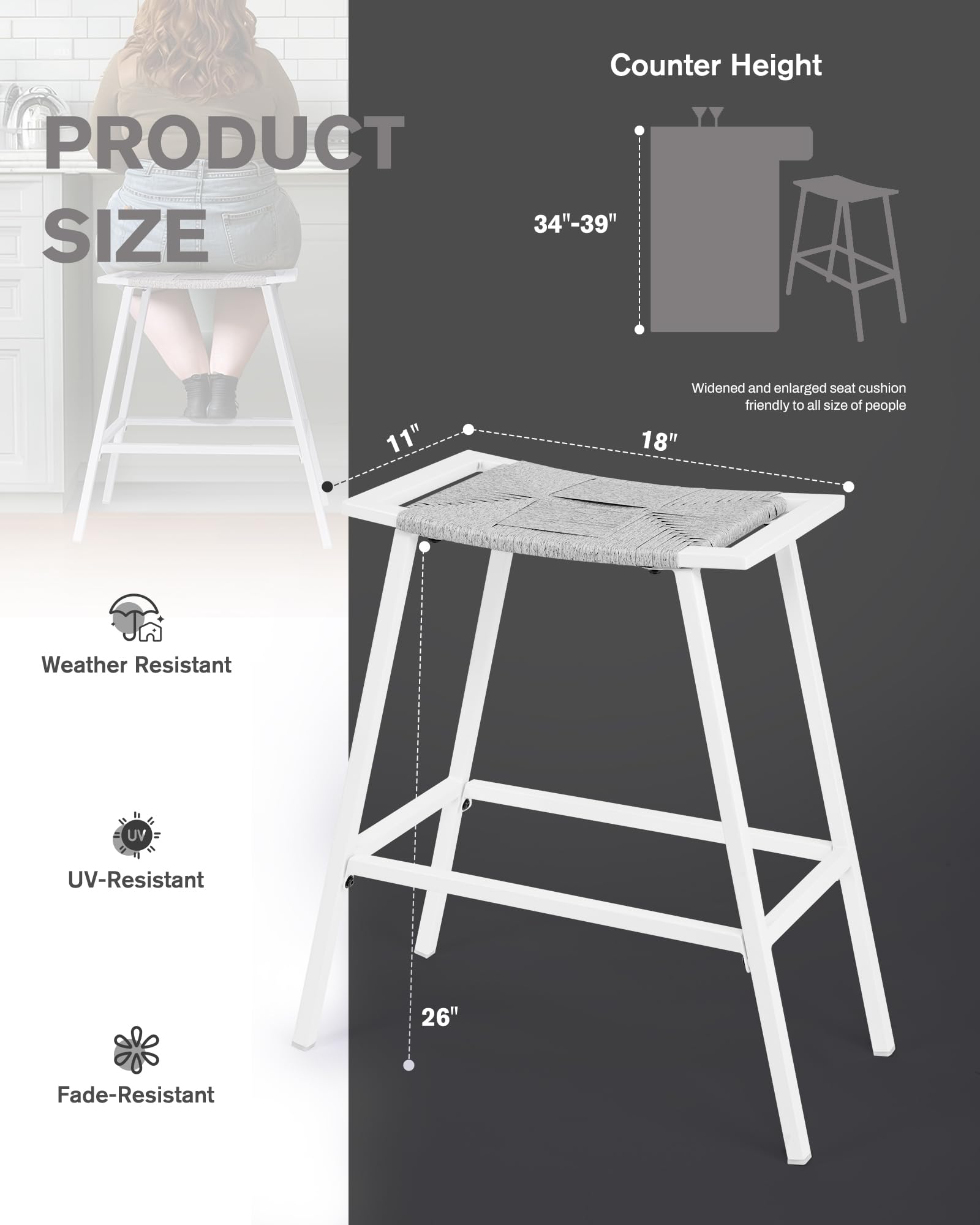 OYODHPDU Bar Stools Set of 2- Wicker Counter Bar Height Stools- 26" Backless Outdoor Bar Stools- Bar Stools for Kitchen Island, Modern Bar stools with Metal Legs- White,2 pcs