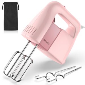 gualiu 450w electric hand mixer, 5-speed electric mixer food mixer with 304 stainless steel whisk beaters, dough hooks & storage bag, cake mixer handheld mixer for baking & cooking, turbo boost/pink