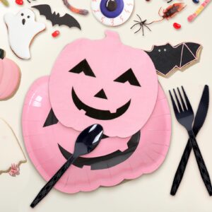 JarThenaAMCS 144Pcs Halloween Pumpkin Tableware Set Pink Cute Pumpkin Disposable Party Supplies Paper Plates Cups Napkins and Cutlery for 24 Guests Birthday Baby Shower