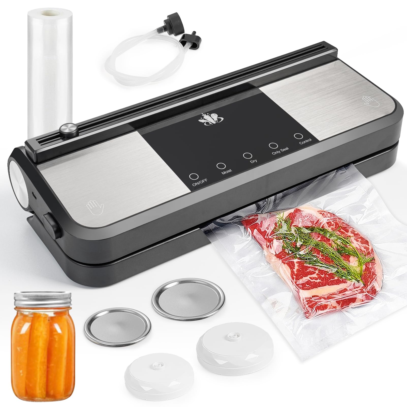 Cordless Vacuum Sealer, Rechargeable Vacuum Sealer Machine for Food Storage, With External Vacuum, Build in Cutter and Bag Storage, 1 Pack Vacuum Sealer Roll, Mason Jar Starter Kit (Silver)