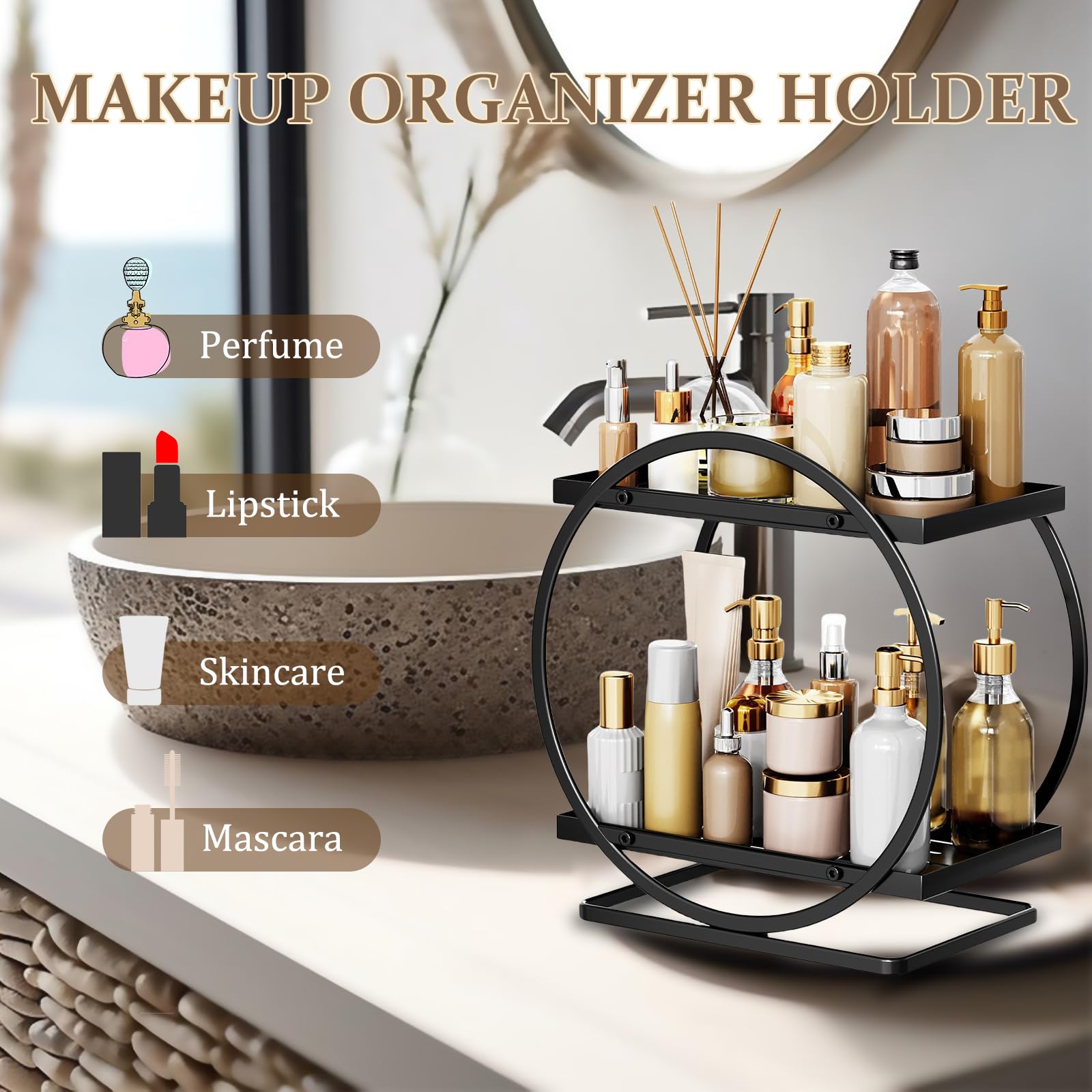 WRINGKIT 2 Tier Bathroom Counter Organizer, Countertop Bathroom Organizer, High-Capacity Iron Perfume Cosmetics Storage Display Rack, Black Skincare Dresser Make Up Holder for Bathroom