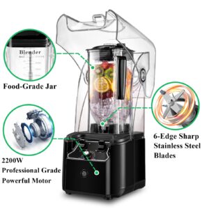 Senlee Professional Commercial Blender for Kitchen with Soundproof Shield, 2200W, 80oz, 15 Speeds, Professional-Grade Power, Quiet Countertop Blender for Smoothies, Self-Cleaning, Black