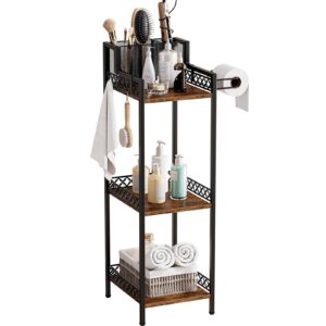 furfun bathroom storage trays organizer shelf, 3-tier slim metal stand with toilet paper holder, corner rack for kitchen, bedroom, office, laundry room, small narrow spaces