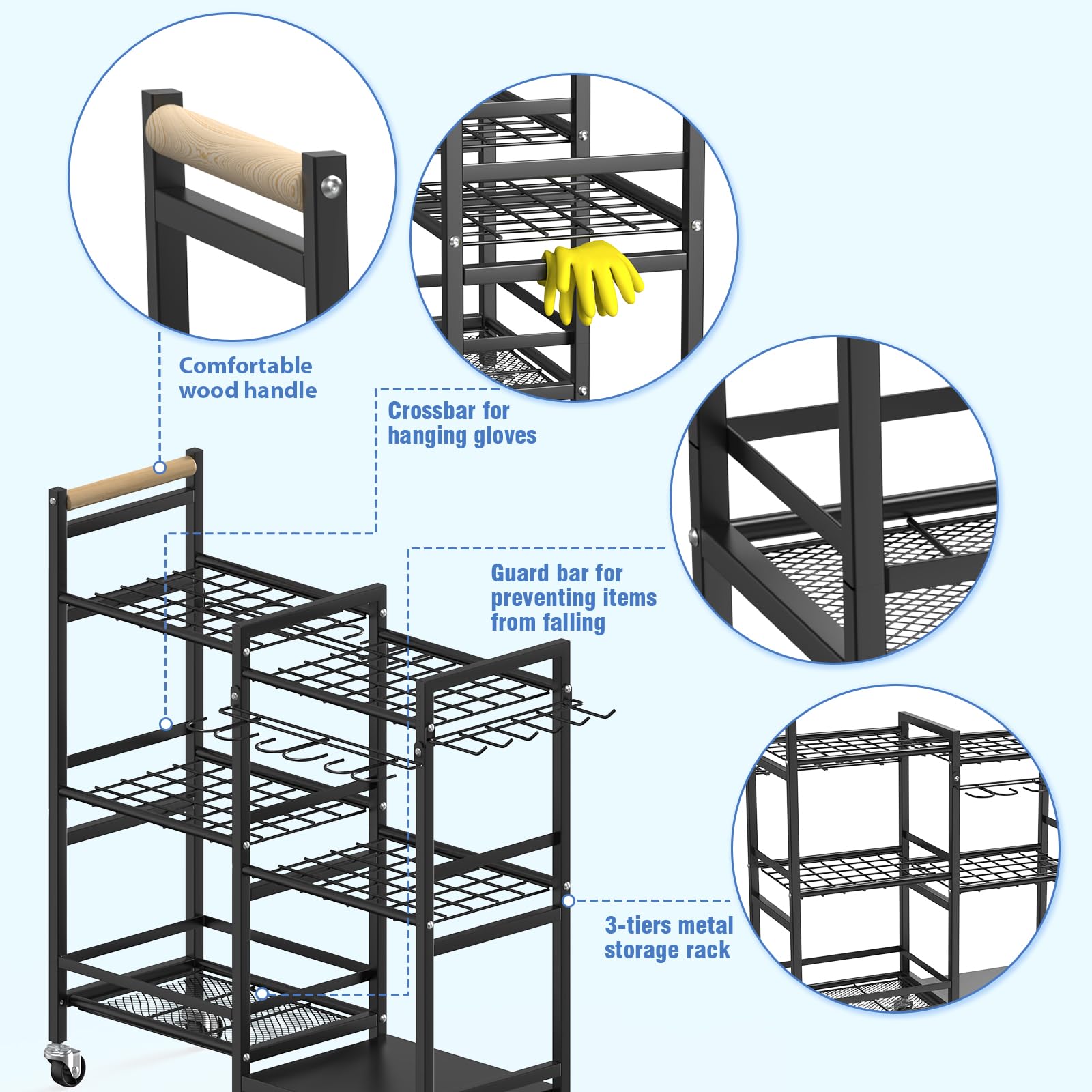 NADAMOO Large Garden Tool Organizer with Rolling Wheel, 3-Tier Metal Shelf Yard Tool Holder, Utility Stand Rack for Garage Organization and Storage, Hold Long-Handled Rakes, Shovel, Broom