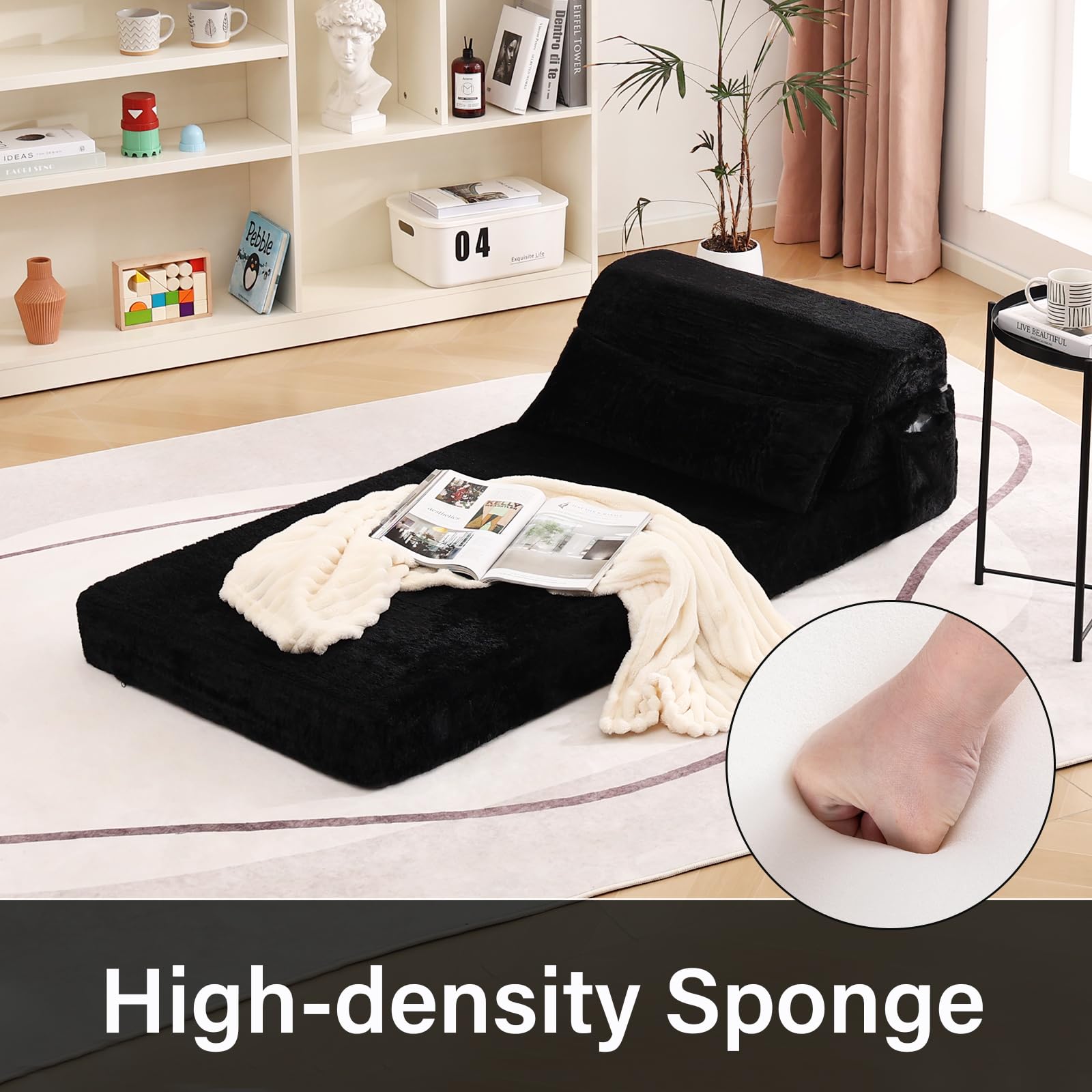 Tiita Folding Sofa Bed with Pillow Single Size Mattress&Plush Fabric with Portable Storage Bag,Floor Lounger Chair Bed for Living Room/Guest Room/Dorm/Apartment/Upstairs Loft/Home Office,Black