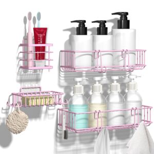 tonlea shower caddy, shower organizer for bathroom, 4-pack rustproof stainless steel shower shelves with hooks for bathroom storage, adhesive or drilling kitchen organization, pink