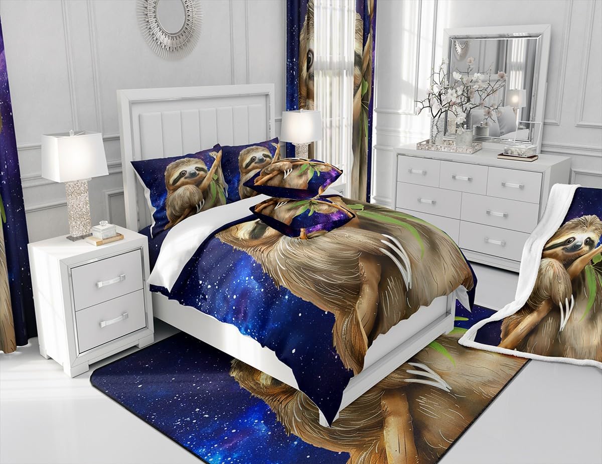 Cute Sloth Duvet Cover Queen Size,Universe Galaxy Comforter Cover with 2 Pillowcase for Teens Adults,Kids Cartoon Sloth Bedding Set,Starry Sky Breathable 3 Pieces Decorative Bed Cover