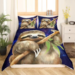 Cute Sloth Duvet Cover Queen Size,Universe Galaxy Comforter Cover with 2 Pillowcase for Teens Adults,Kids Cartoon Sloth Bedding Set,Starry Sky Breathable 3 Pieces Decorative Bed Cover