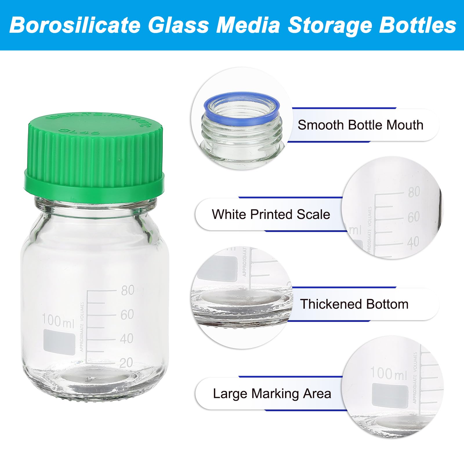 PATIKIL 6 Pack Reagent Media Storage Bottles, 100ml Borosilicate Glass Graduated Round Bottles with GL32 Green Screw Cap for Lab Water Reagent Liquids, Clear