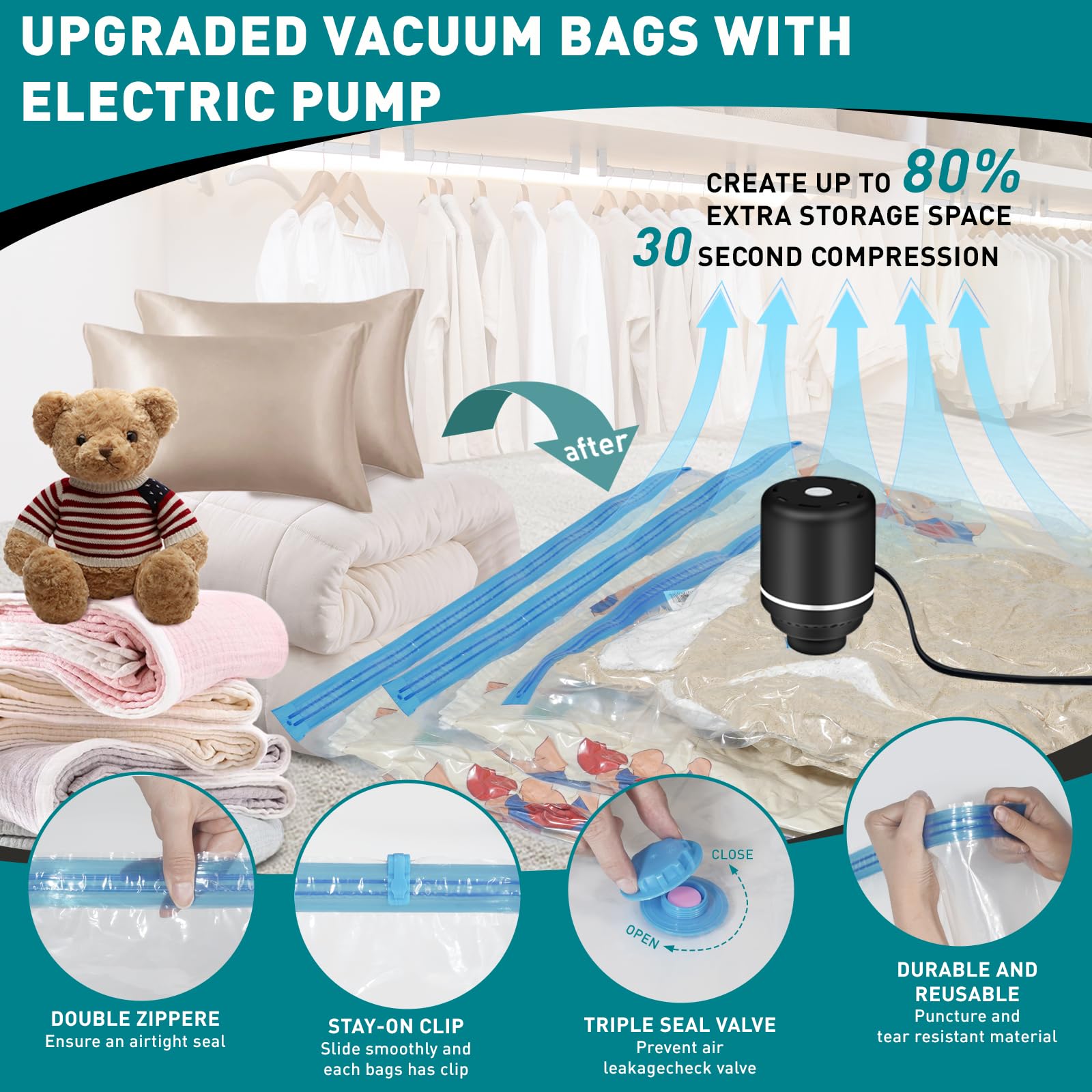 CasaCulina 12 Jumbo Space Saver Vacuum Storage Bags with Electric Pump, Vacuum Packing Seal Bags for Clothing, Clothes, Comforters, Blankets, Travel Vacuum Compression Sealer Bags for Luggage