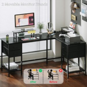 Korfile L Shaped Computer Desk with Power Outlets, Corner Desk with 2 Monitor Stands, Home Office Desk with 4 Adjustable Storage Drawers & Shelves, Large Gaming Desk for Bedroom, 59 inch, Black