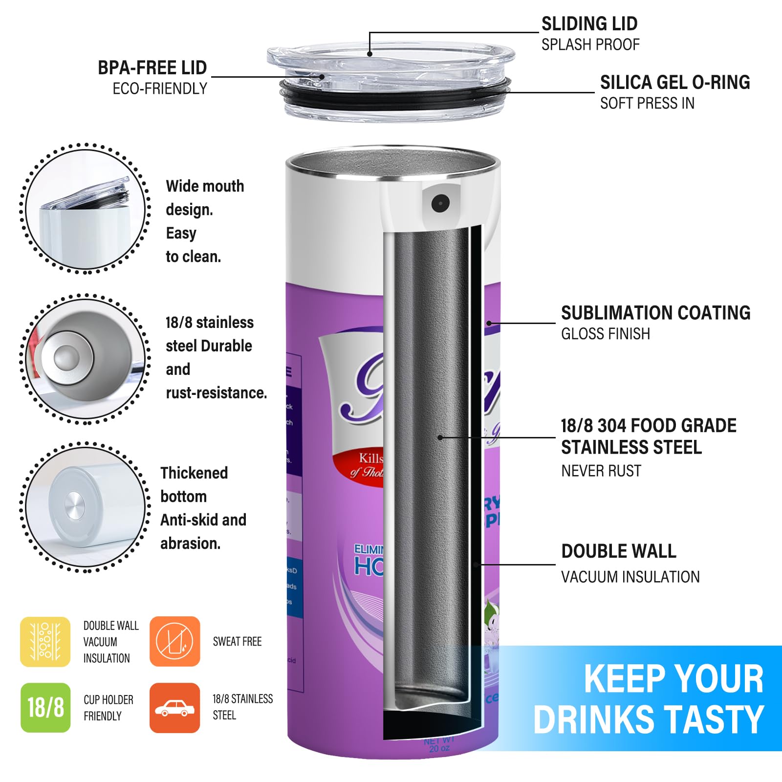 TUMBTU Be Gone Funny Tumbler Gift Interesting Party Cup 20oz Skinny Tumbler 18/8 Stainless Steel Fake Nozzle Cup Coffee Mug with Lid (Purple)