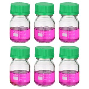 patikil 6 pack reagent media storage bottles, 100ml borosilicate glass graduated round bottles with gl32 green screw cap for lab water reagent liquids, clear