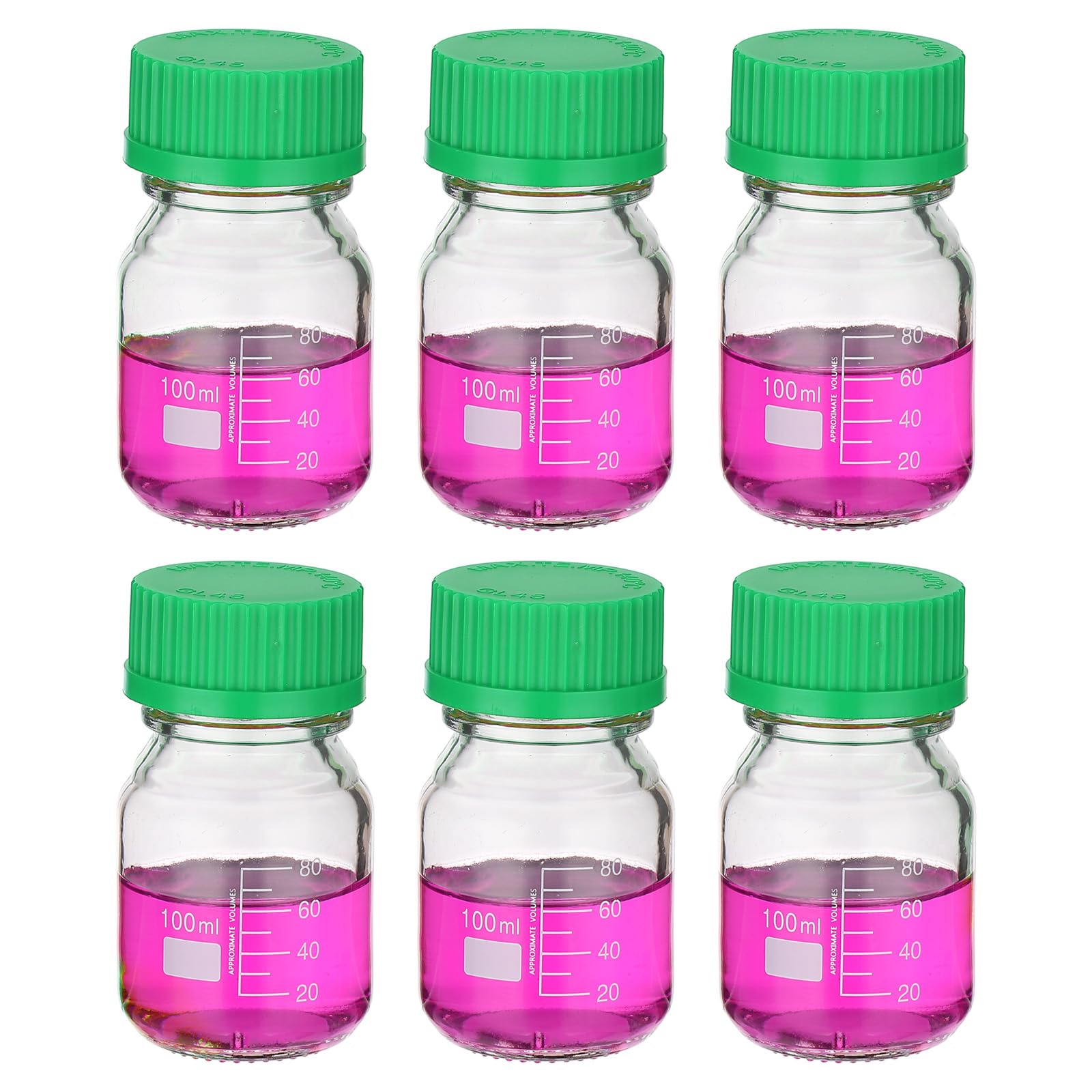 PATIKIL 6 Pack Reagent Media Storage Bottles, 100ml Borosilicate Glass Graduated Round Bottles with GL32 Green Screw Cap for Lab Water Reagent Liquids, Clear