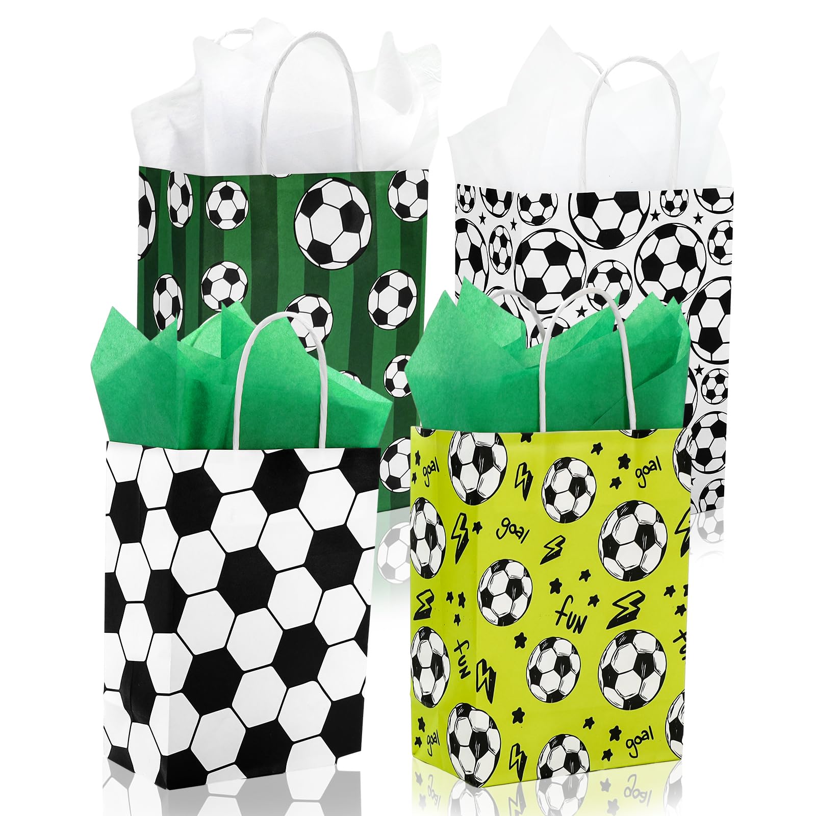 Whaline 24Pcs Soccer Paper Gift Bags with Handles Sports Party Favor Bags Soccer Ball Print Candy Goodie Treat Bags for Game Day Sports Events Birthday Party Supplies