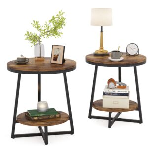 tribesigns round end table set of 2, 2 tier side table with storage shelf, industrial nightstand bedside table coffee accent table for living room small space, rustic brown