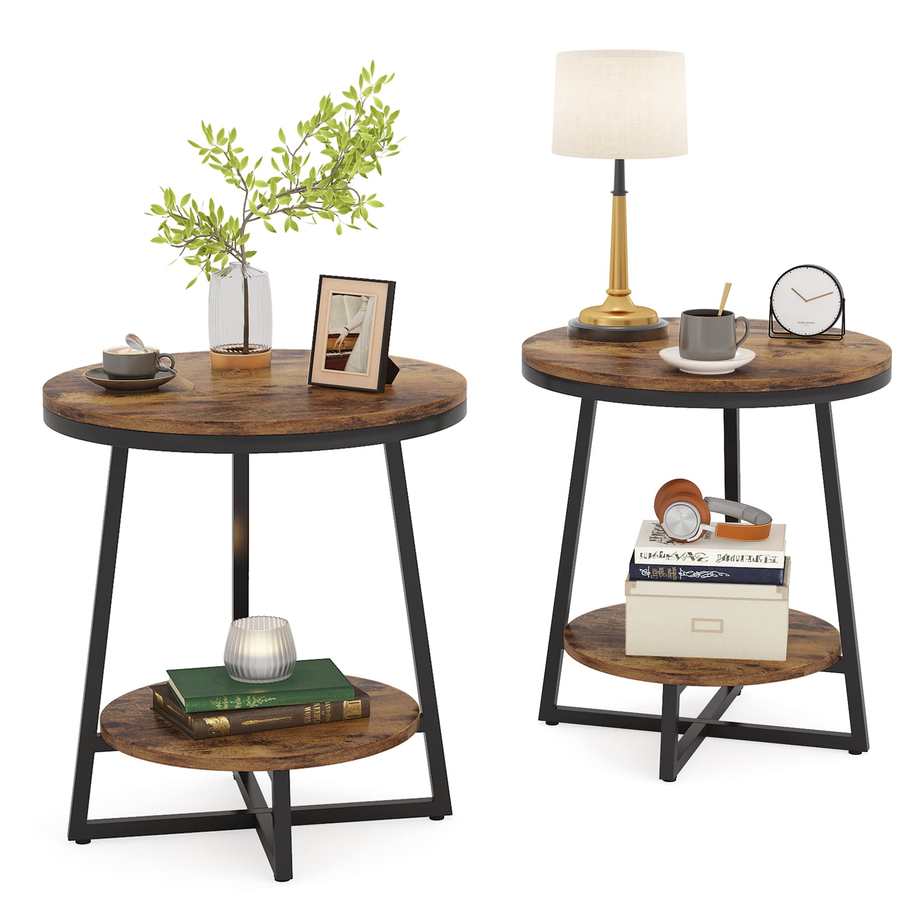 Tribesigns Round End Table Set of 2, 2 Tier Side Table with Storage Shelf, Industrial Nightstand Bedside Table Coffee Accent Table for Living Room Small Space, Rustic Brown