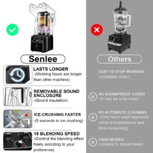 Senlee Professional Commercial Blender for Kitchen with Soundproof Shield, 2200W, 80oz, 15 Speeds, Professional-Grade Power, Quiet Countertop Blender for Smoothies, Self-Cleaning, Black