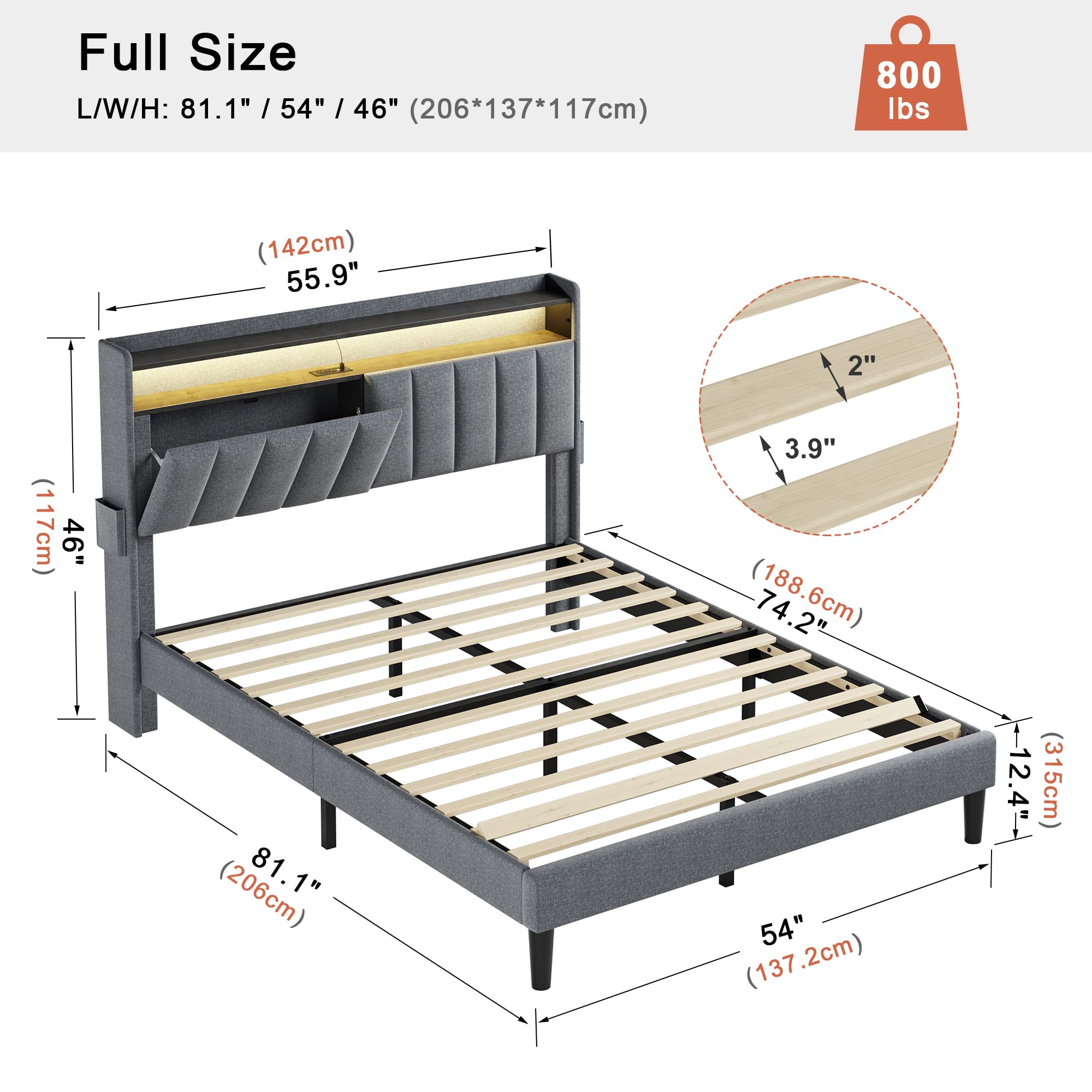 FYRENA Full Bed Frame with Storage Headboard & Footboard Modern Upholstered Platform Bed with LED Lights USB Ports & Outlets Strong Wood Slats Support No Box Spring Needed