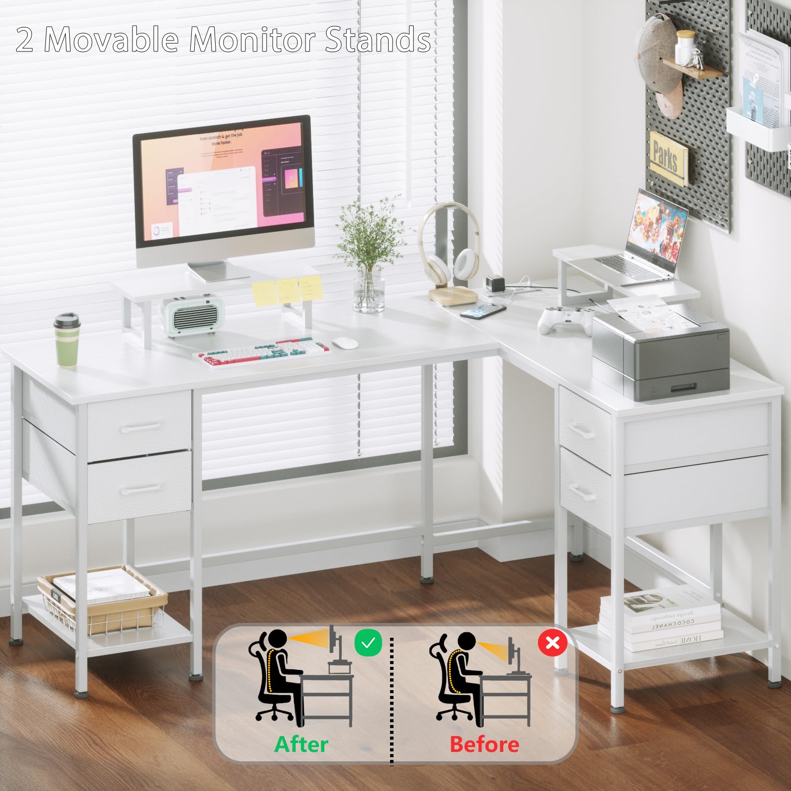 Korfile L Shaped Computer Desk with Power Outlets, Home Office Desk with 4 Adjustable Storage Drawers, Corner Desk with 2 Monitor Stands, Two Person Gaming Desk for Bedroom, 59 inch, White