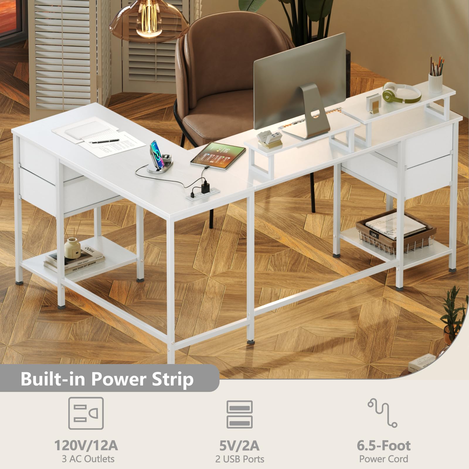 Korfile L Shaped Computer Desk with Power Outlets, Home Office Desk with 4 Adjustable Storage Drawers, Corner Desk with 2 Monitor Stands, Two Person Gaming Desk for Bedroom, 59 inch, White