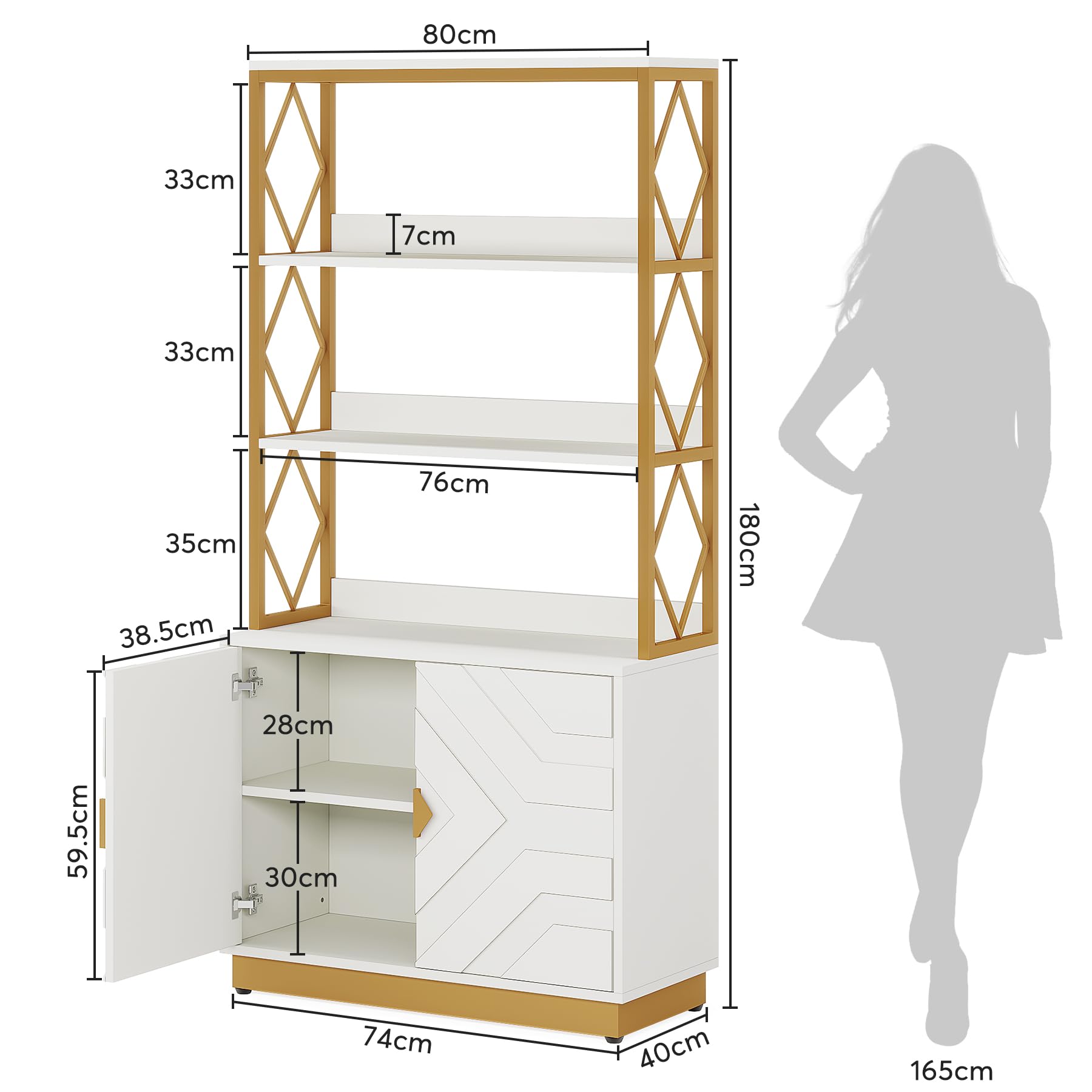 Tribesigns White and Gold Bookshelf with Doors: 70.9 Inches Tall Etagere Bookcase Set of 2, Modern Open Display Book Shelves with Metal Frame for Living Room Bedroom Office