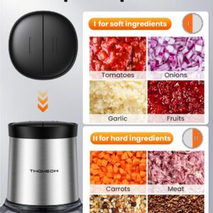 TWOMEOW Food Processor 4 Cup, Electric Food Chopper, 【Small but Powerful】Meat Grinder with 2 Bowls, 2 Speed & 4 Blades for Vegetable, Meat, Nuts, Functions for Chopping, Dicing, Mixing and Puree