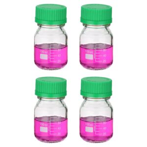 patikil 4 pack reagent media storage bottles, 100ml borosilicate glass graduated round bottles with gl32 green screw cap for lab water reagent liquids, clear