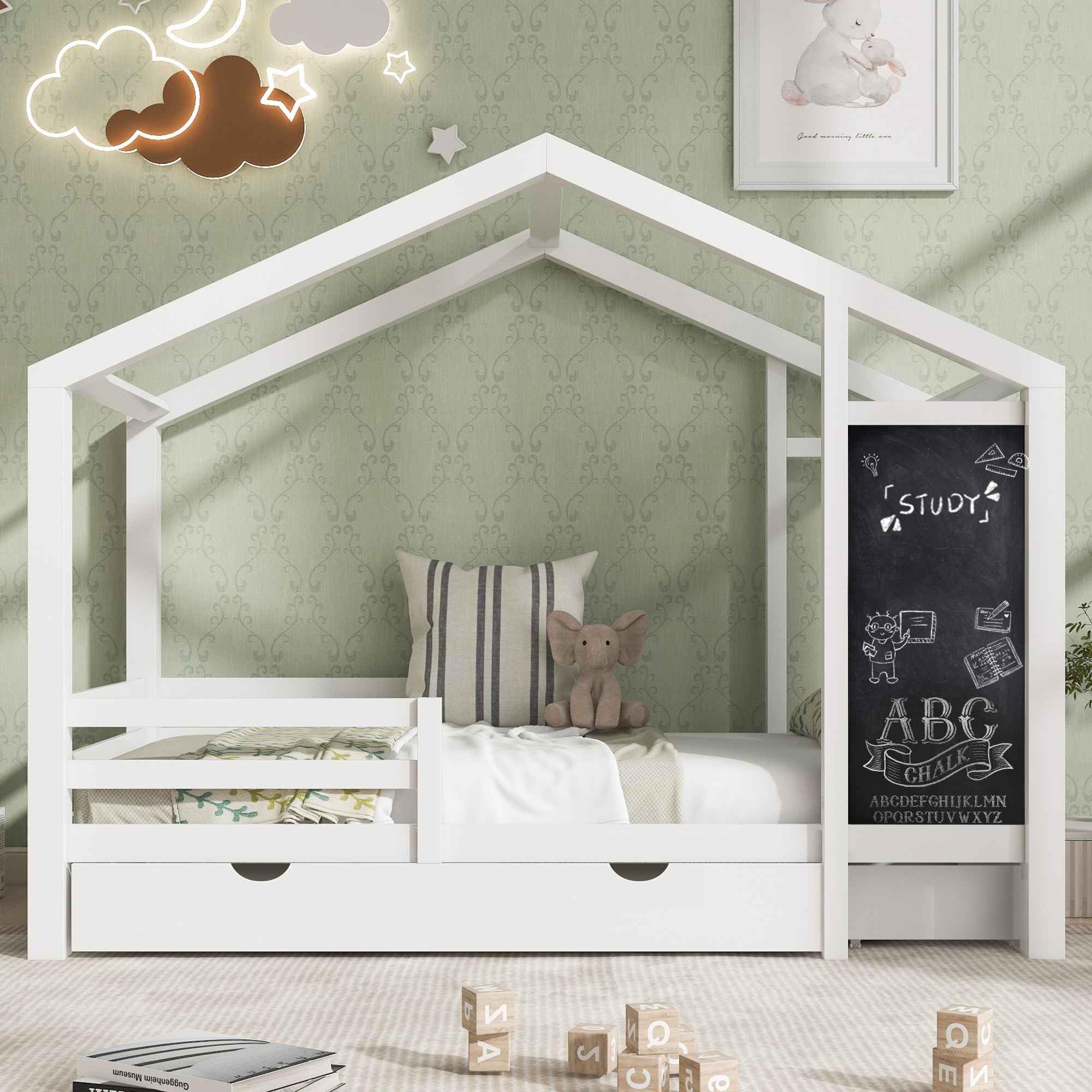 ATY Twin Size Platfrom Bed with Two Storage Drawers and Blackboard Design, Solid Wood House Shaped Bedframe w/Roof, Save Space & No Box Spring Needed, for Kids Bedroom, Dorm, White