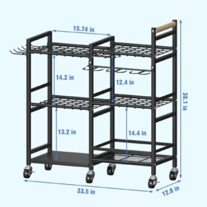 NADAMOO Large Garden Tool Organizer with Rolling Wheel, 3-Tier Metal Shelf Yard Tool Holder, Utility Stand Rack for Garage Organization and Storage, Hold Long-Handled Rakes, Shovel, Broom