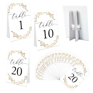 wedding table numbers 1-20, gold leaf wedding decor, 4x6 standing sign self-standing table numbers for bridal showers, baby showers, special event, reception & decorations