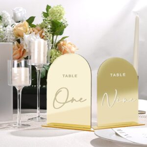 10-pack gold mirrored acrylic arched table numbers for wedding receptions with stands, perfect for centerpieces, receptions, parties, anniversaries (gold mirrored, table numbers 1-10, 4.5×5.7 inches) (10)