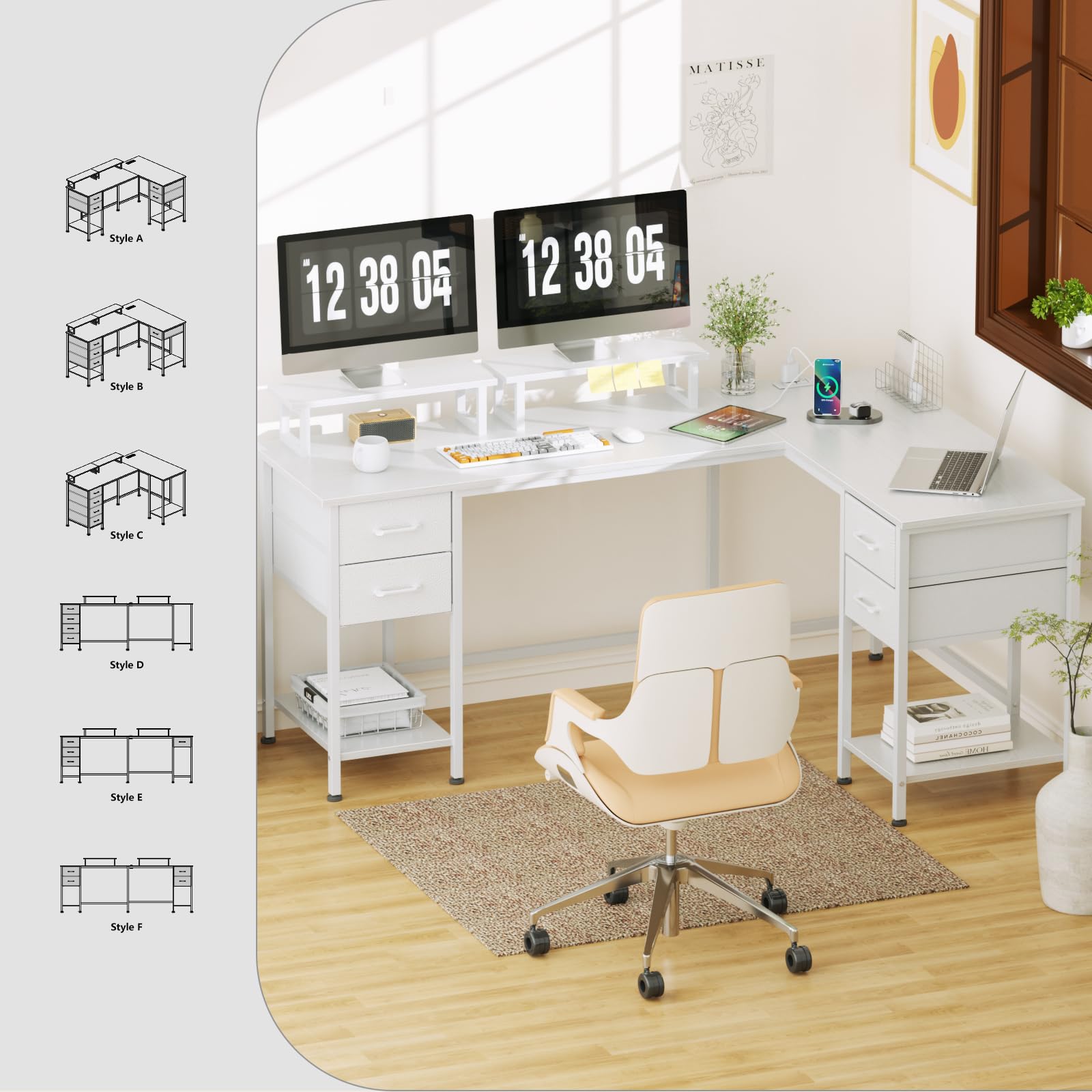 Korfile L Shaped Computer Desk with Power Outlets, Home Office Desk with 4 Adjustable Storage Drawers, Corner Desk with 2 Monitor Stands, Two Person Gaming Desk for Bedroom, 59 inch, White