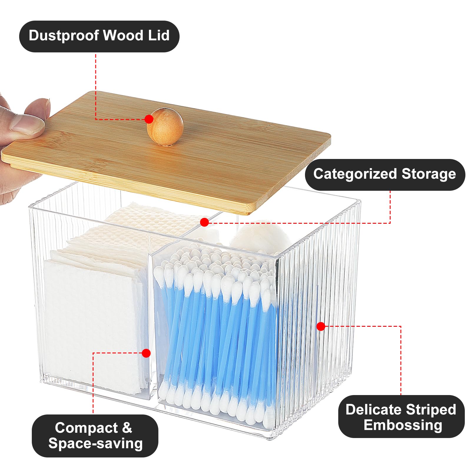 KIMCHOMERSE Wood Lid Qtip Holder Storage, Bathroom Cotton Ball Holder Canisters for Cotton Swab, Cotton Pad, Dental Floss Organizer, Hair Bands Container for Vanity Countertop -Clear