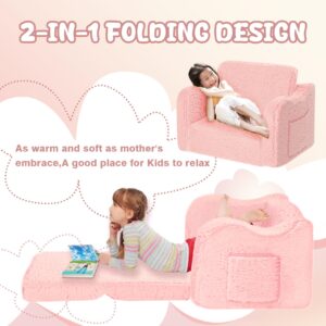 QIICMER Toddler Chairs Comfy 2-in-1 Kids Couch Fold Out Convertible Sofa to Bed, Kids Sofa for Girls and Boys, Cuddly Chairs for Toddlers 1-3 (Pink)