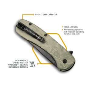 OUTDOOR EDGE RAZOR VX1 | Topo Map Etching | Replaceable Blade EDC Flipper Folding Pocket Knife | 3" Stainless Blade, Green Anodized Aluminum Handle, Reversible Pocket Clip | Cool Knife for Men