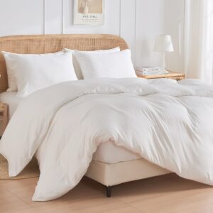 JELLYMONI White Duvet Cover Queen Size, 3 Pieces Soft Microfiber & Rayon Derived from Bamboo Duvet Cover Set, Breathable Cooling Duvet Cover with Zipper Closure