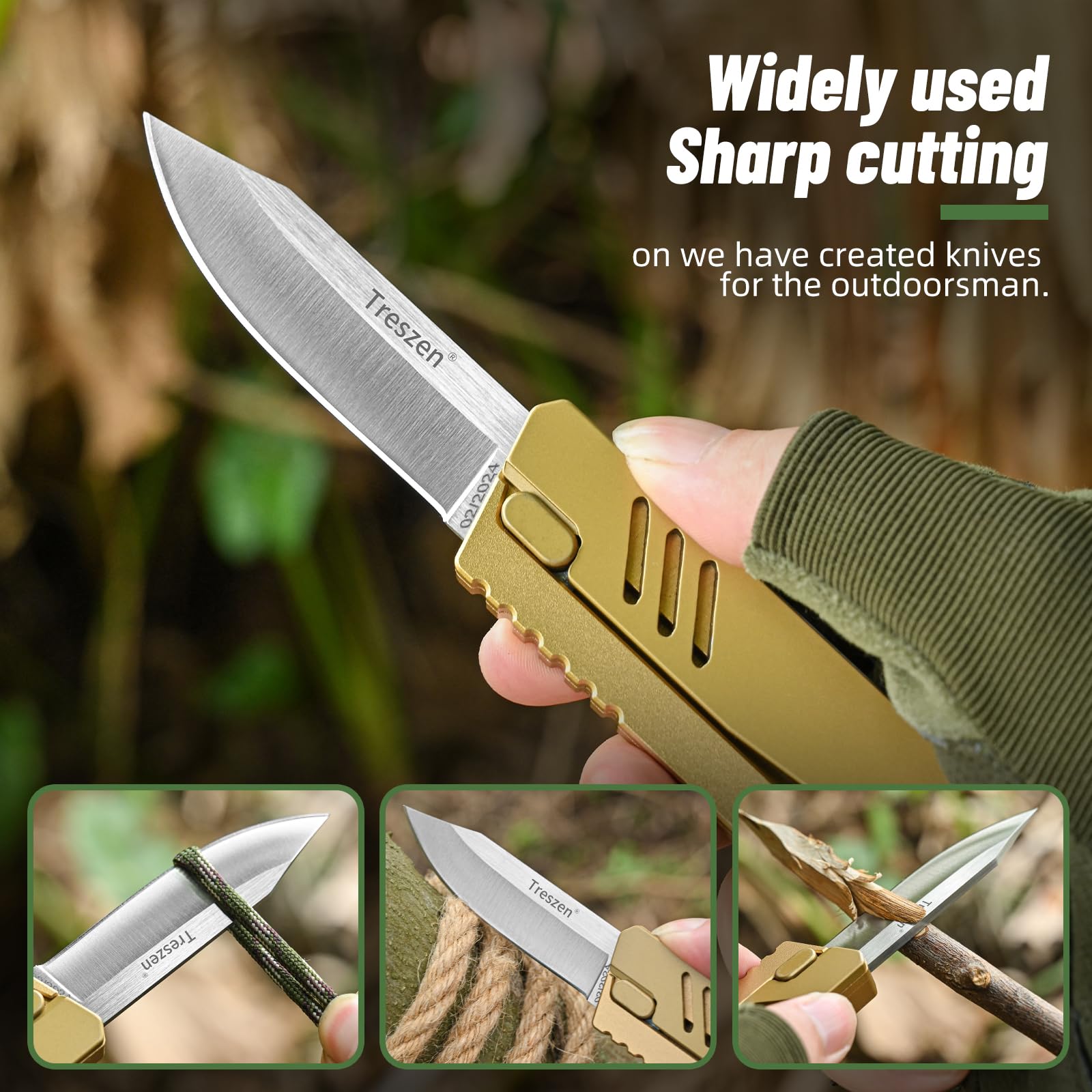 Treszen 6.9 Inch, Fishing Camping Folding Knife, Pocket Knife Outdoor Utility Knife (Gold)