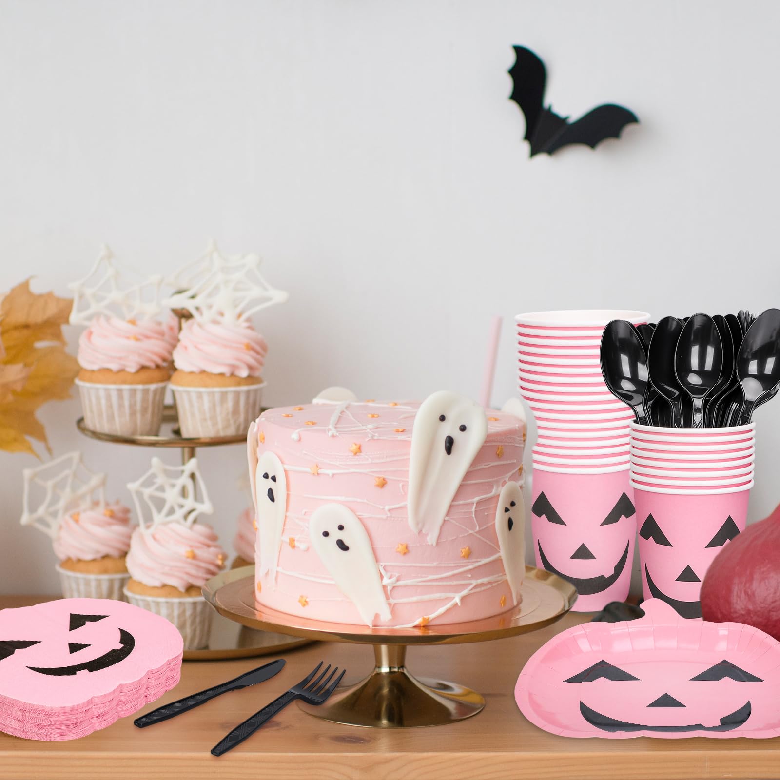 JarThenaAMCS 144Pcs Halloween Pumpkin Tableware Set Pink Cute Pumpkin Disposable Party Supplies Paper Plates Cups Napkins and Cutlery for 24 Guests Birthday Baby Shower