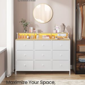 SONGMICS Dresser for Bedroom, Storage Organizer with 9 Fabric Drawers and LED Lights, Charging Station, Steel Frame, 13.2 x 44.9 x 33 Inches, Entryway, Cloud White ULTS519W01