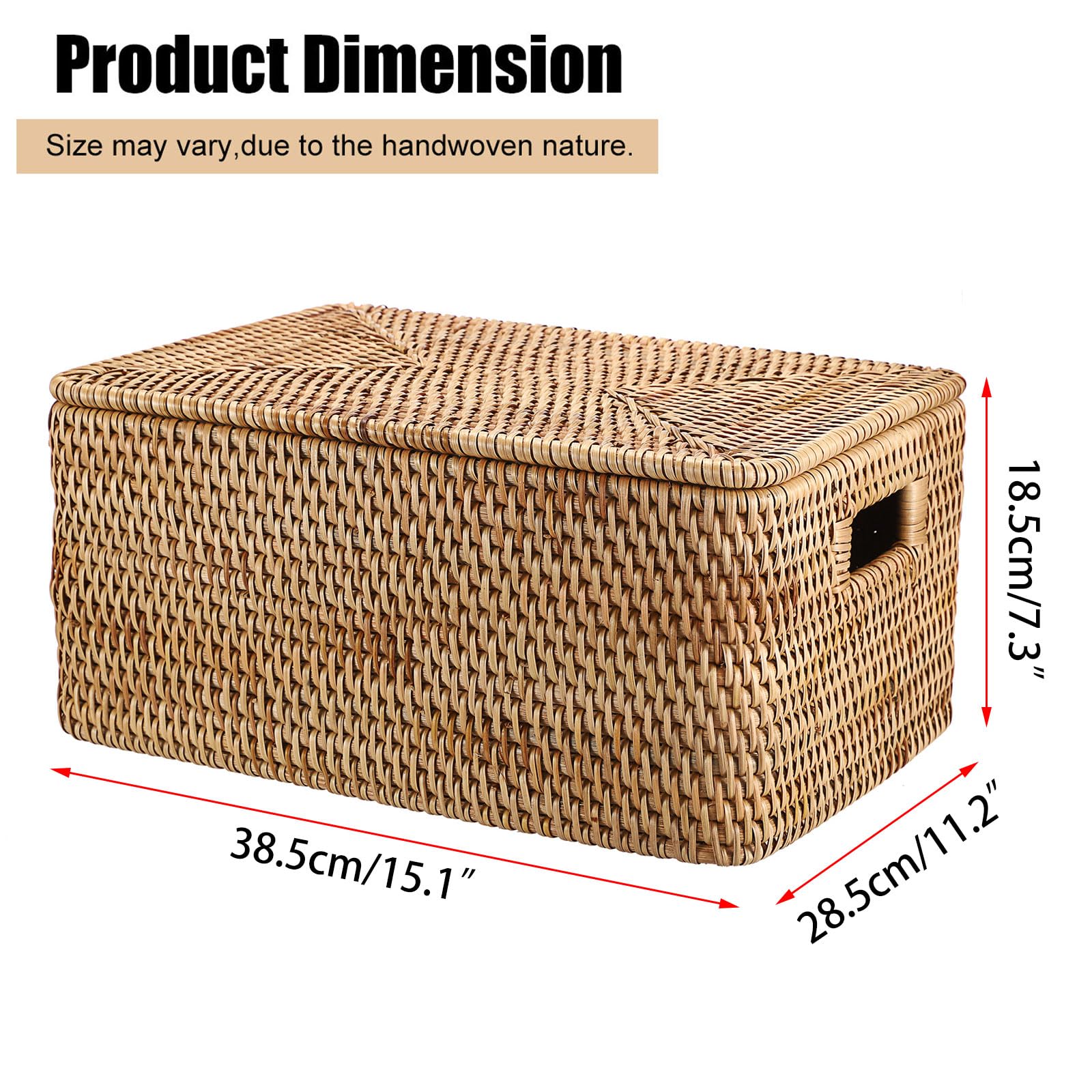 Hipiwe Rattan Basket Box for Shelf Organizing, Natural Storage Wicker Basket Bins with Handles, Large Lidded Basket Rectangular Rattan Box Handwoven Decorative Basket Box,15.1"x11.2"x7.3"