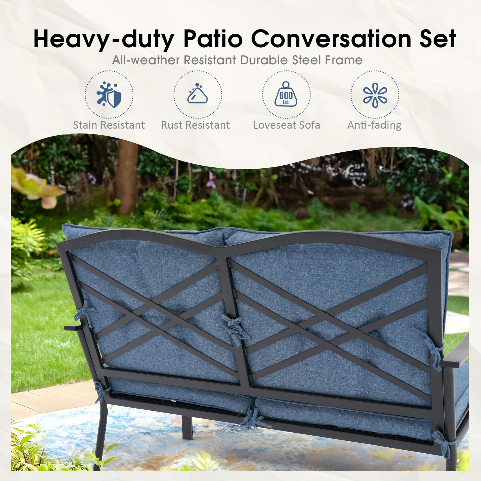 JARDINA 4 Pieces Patio Furniture Set, Metal Outdoor Patio Furniture, All-Weather Patio Conversation Set with Loveseat Sofa, 2 Swivel Chairs, Coffee Table and Cushions for Backyard Deck, Blue