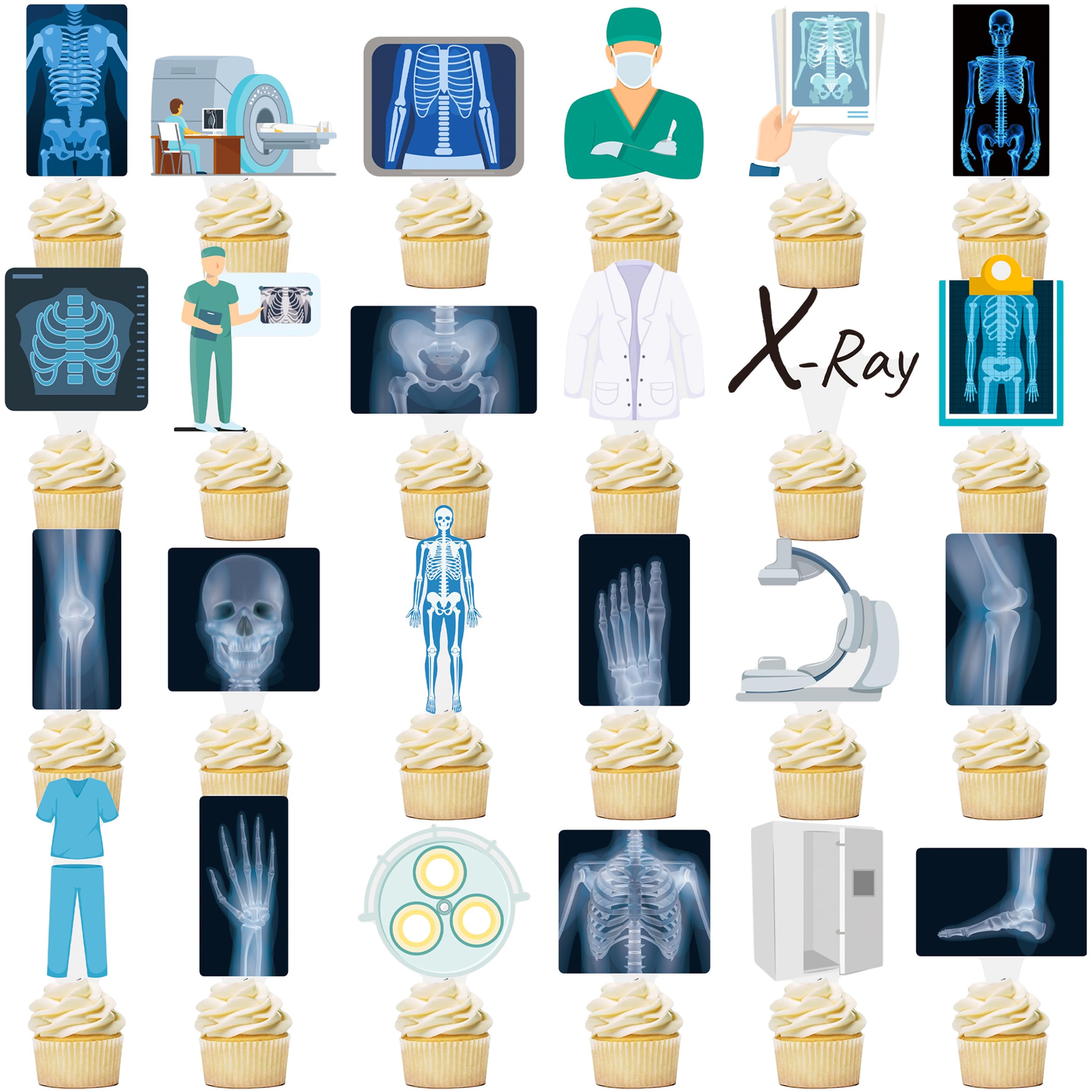 48Pcs Radiology X Ray Cupcake Toppers Radiology Birthday Party Decorations X ray Theme Cupcake Picks Decorations for Radiology Xray Doctor Medical Theme Party Baby Shower Supplies