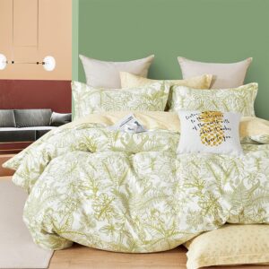 lemiroe 100% cotton duvet cover queen size,botanical design with green tropical leaves on white,beige reversible bed sets 3pcs,button closure