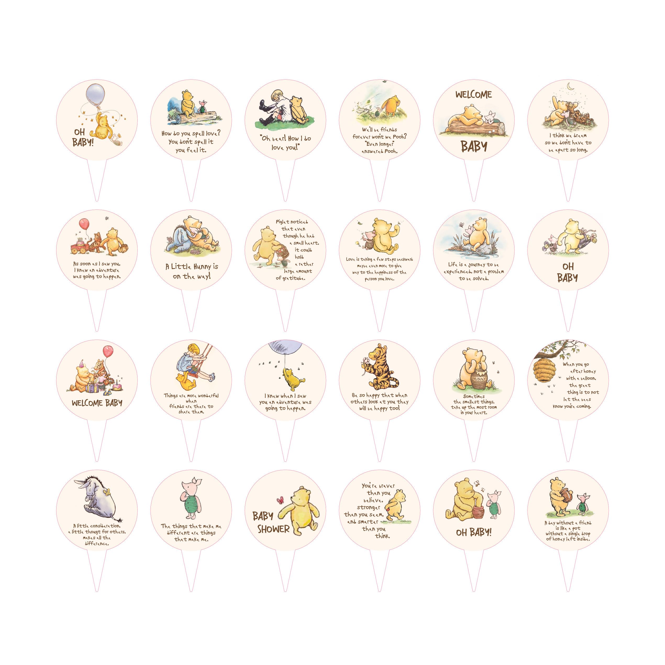 WEECUTES® Winnie Baby Shower Decorations Cupcake Toppers Classic Pooh Quotes 1 st Birthday Party Supplies For Kids Dessert Favor Cake Decor 48 Pcs