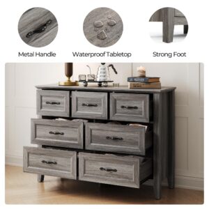 LINSY HOME Farmhouse 7-Drawer Dresser - Grey Chest of Drawers for Bedroom and Living Room Organization, Wood Dresser with Ample Storage Space and Rustic Charm